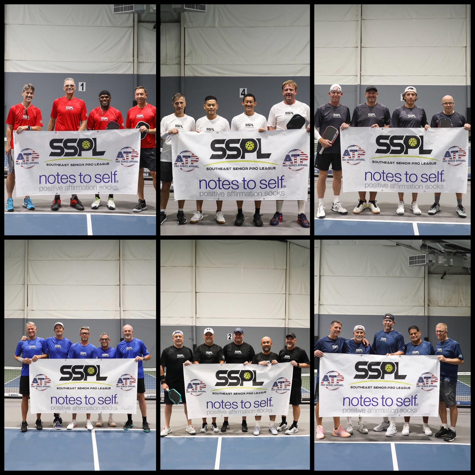 All six SSPL men's teams with the Notes to Self and ATP Pro Series Apparel banner